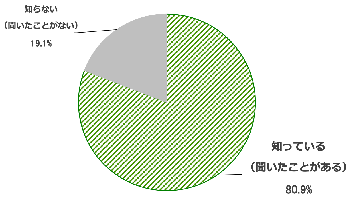 「海洋ゴミ(海ごみ)」の問題の認知度を示す円グラフ。知っている(聞いたことがある)80.9%、知らない(聞いたことがない)19.1%。