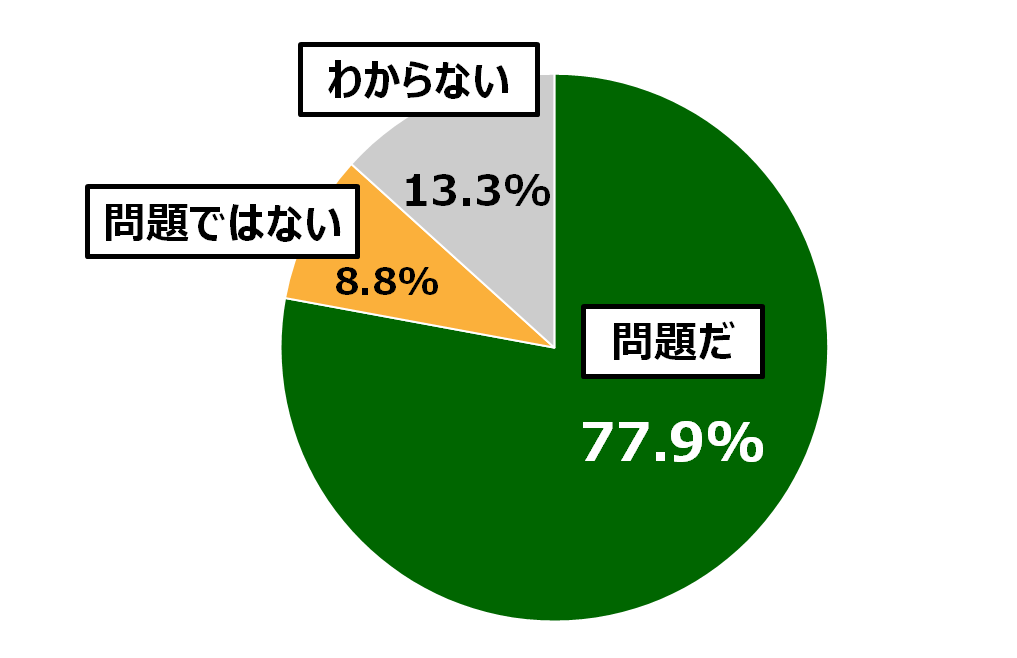 18歳意識調査結果の円グラフ：問題だ77.9％。問題ではない8.8％。わからない13.3％。