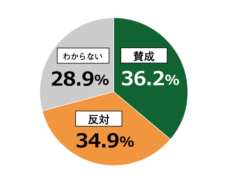 18歳意識調査結果の円グラフ：賛成36.2％。反対34.9％。わからない28.9％。