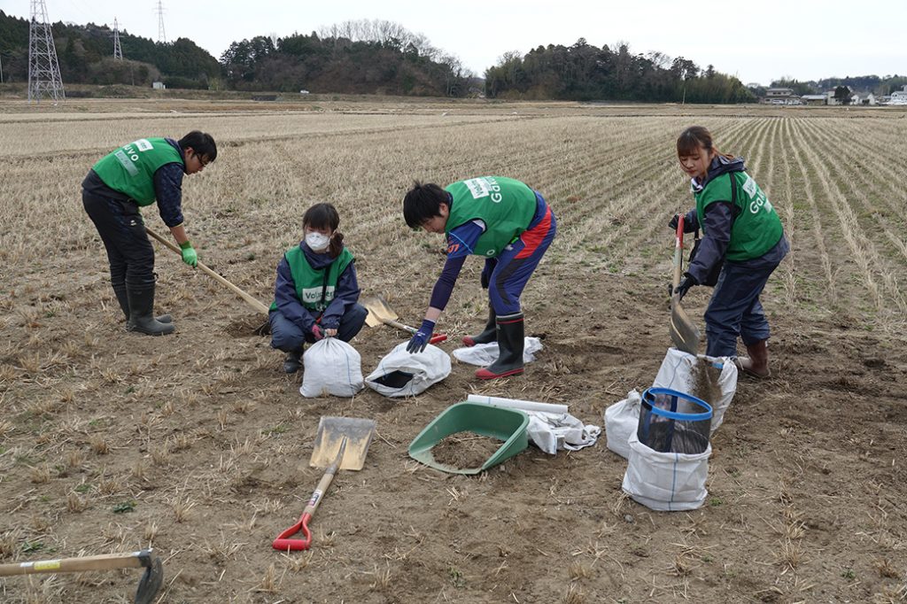 写真：田んぼからスコップを使って表面に広がった石などを取り除く学生ボランティア 