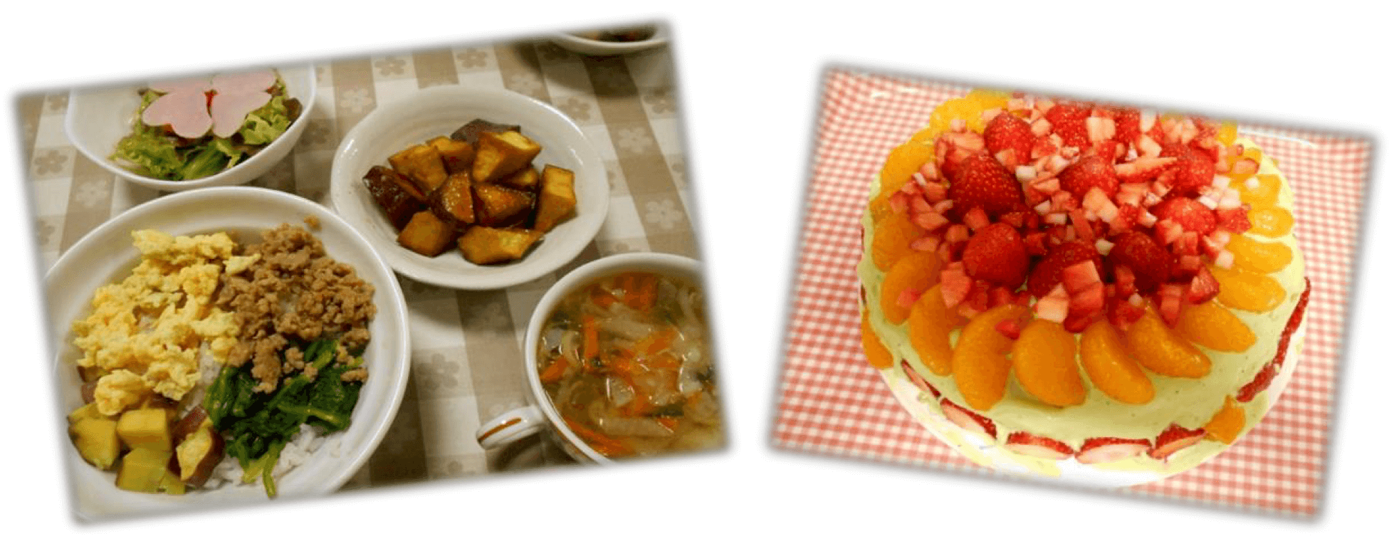 写真:誕生日会で用意される色とりどりの料理と誕生日ケーキ