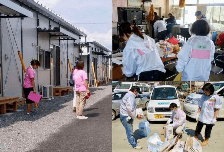 写真：熊本地震の被災者が暮らす仮設住宅に、定期的に訪問しコミュニケーションを交わすキャンナス熊本のメンバー。東日本大震災の被災地で、中学校の音楽教室を拠点に、被災者の相談に乗ったり、食料や物資を配ったり、活動に取り組むキャンナス東北のメンバー。避難所で、ダンボールと紙おむつでトイレを作るキャンナス東北のメンバー。