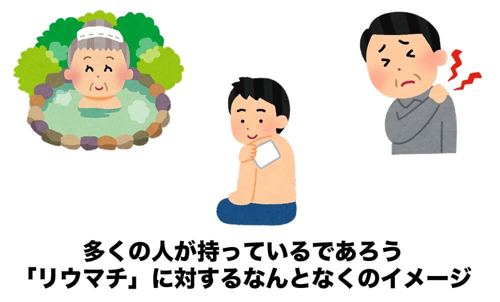 イラスト：多くの人が持っているであろうリウマチに対するなんとなくのイメージ「温泉」「肩こり」「湿布」