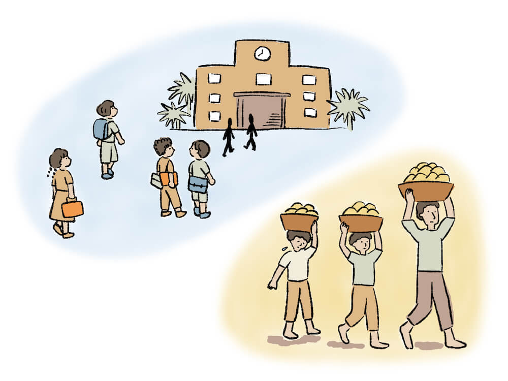 イラスト：学校に通う子どもたちと、親と一緒に働く子どもたち