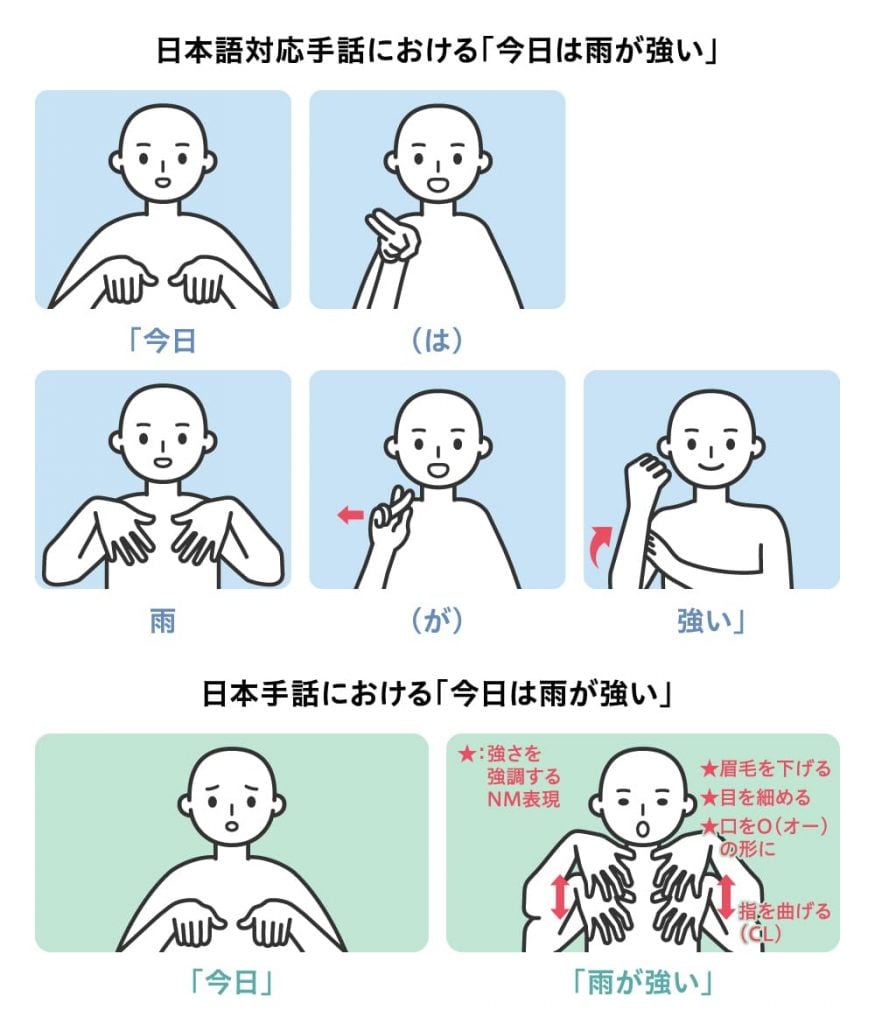 日本語対応手話における「今日は雨が強い」と日本手話における「今日は雨が強い」の違い
日本語対応手話の場合、手のひらを下に向けて「今日」、指文字で「は」、手の指を下に向けて「雨」、指文字で「が」、右手で力こぶを作り、左手を添え「強い」
「日本手話」の場合、手のひらを下に向けて「今日」、「強い雨」を表現する時は、「雨」の手話単語の指を曲げ(CL)、眉毛を下げ、目を細め、口をOの形にすることで「強い」を表現する