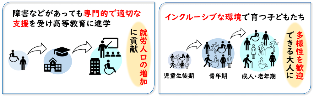 障害などがあっても専門的で適切な支援を受け高等教育に進学＝就労人口の増加に貢献

インクルーシブな環境で育つ子どもたち
児童生徒期→青年期→成人・老年期＝多様性.歓迎できる大人に