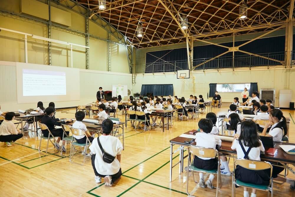 体育館でワークショップに取り組むたくさんの児童たち