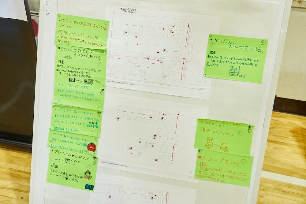 写真:大きなボードに貼られた児童たちのバリアフリー化のアイデア