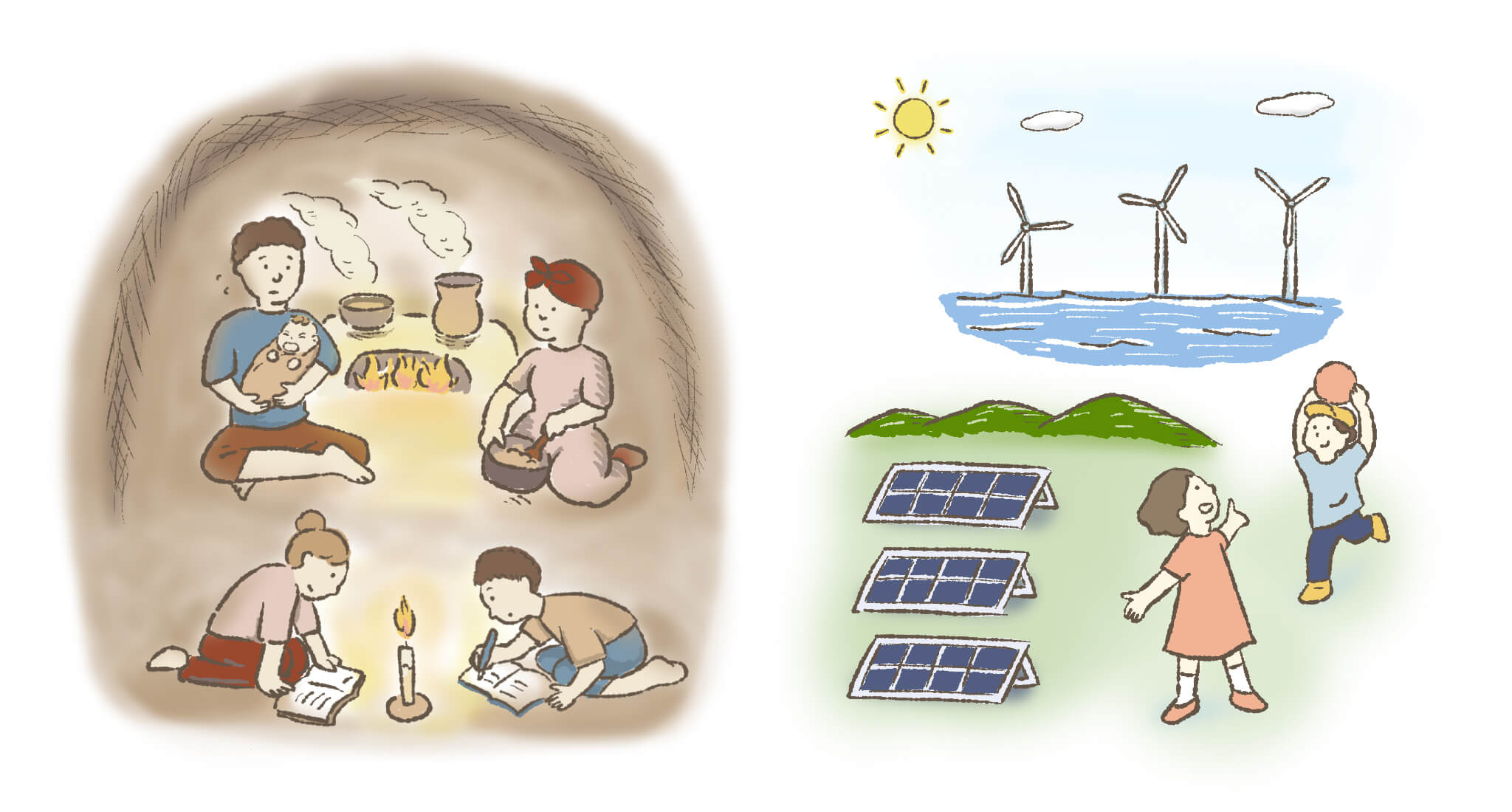 イラスト：（右）家の中で炭を使って料理をする母親、子守りをする父親と、ろうそくの火を使って勉強する子どもたち