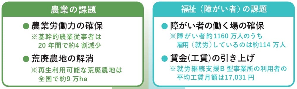 農業の課題と福祉（障がい者）の課題。

農業の課題は「農業労働力の確保」と荒廃農地の解消。

基幹的農業従事者は
20年間で約4割減少し、再生利用可能な荒廃農地は全国で約9万ヘクタール

福祉（障がい者）の課題は「障がい者の働く場の確保」「賃金（工賃）の引き上げ」。

障がい者約1160万人のうち、雇用（就労）しているのは約114万人で、就労継続支援B型事業所の利用者の平均工賃月額は17,031円