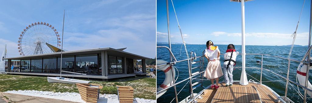 写真：商業施設等が集まるラグーナ蒲郡に隣接する渚の交番UMICAN（うみかん）（写真左）ヨット乗船体験を楽しむ子ども達（写真右）