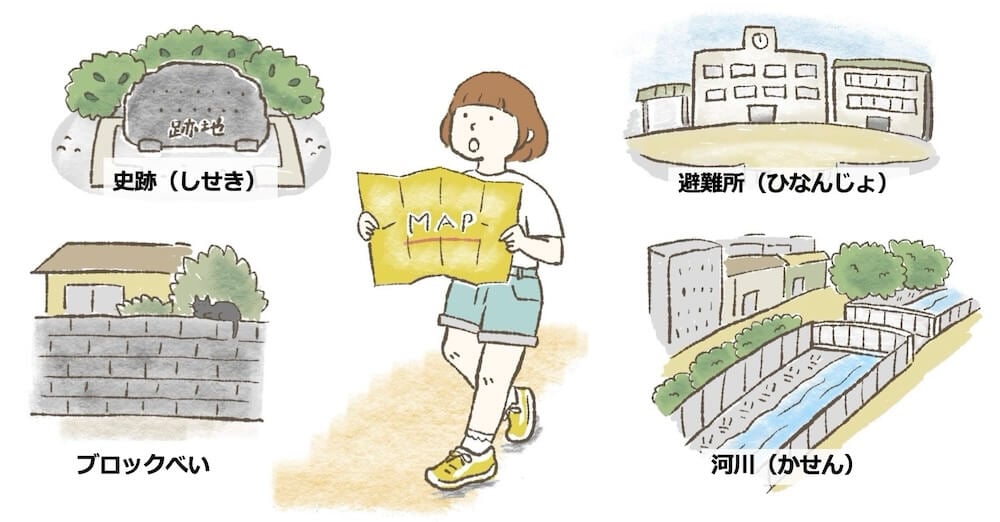 イラスト：防災マップを作るために自分が住む街を歩きまわる子ども