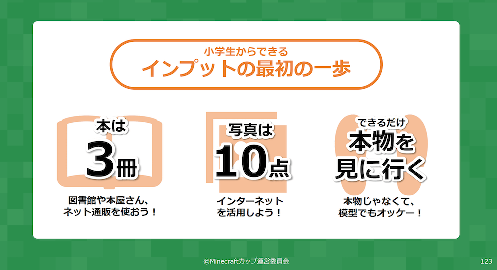 小学生からできるインプットの最初の一歩
・本は3冊。図書館や本屋さん、ネット通販を使おう！
・写真は10点。インターネットを活用しよう！
・できるだけ本物を見に行く。本物だけじゃなく模型でもオッケー！
（C）Minecraftカップ運営委員会