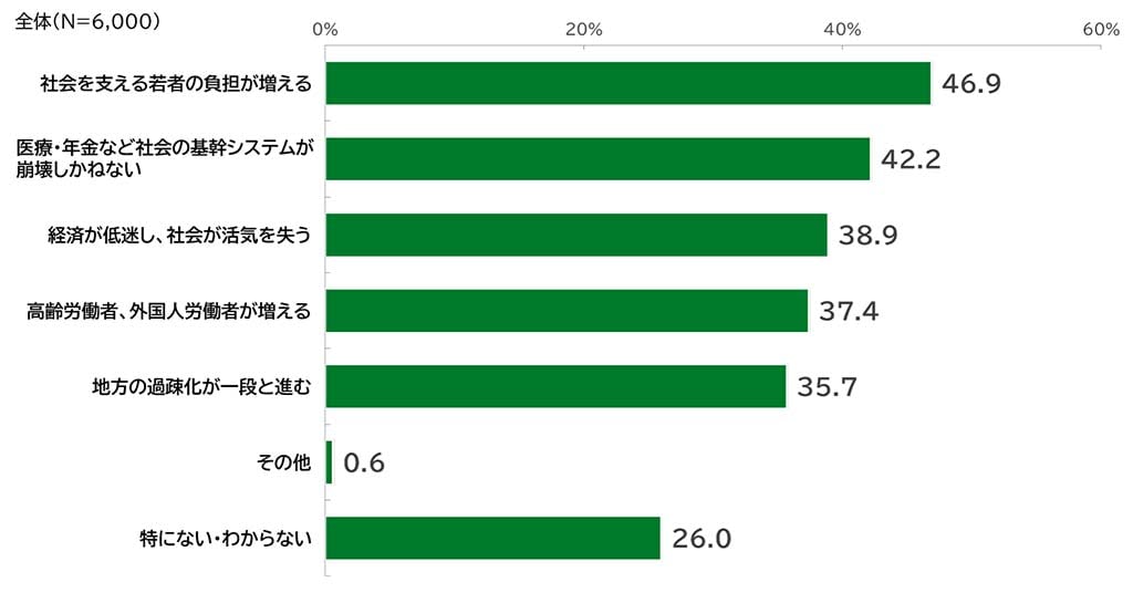 少子化に関する意識調査の棒グラフ。全員を対象とした「あなたは日本における少子化の進行により、どのような状況になることを懸念しますか。」の質問に回答した人の項目別割合（%）。 回答数n=6,000。「社会を支える若者の負担が増える」と答えた人は46.9％。「医療・年金など社会の基幹システムが崩壊しかねない」と答えた人は42.2％。「経済が低迷し、社会が活気を失う」と答えた人は38.9％。「高齢労働者、外国人労働者が増える」と答えた人は37.4％。「地方の過疎化が一段と進む」と答えた人は35.7％。「その他」と答えた人は0.6％。「特にない・わからない」と答えた人は26.0％。