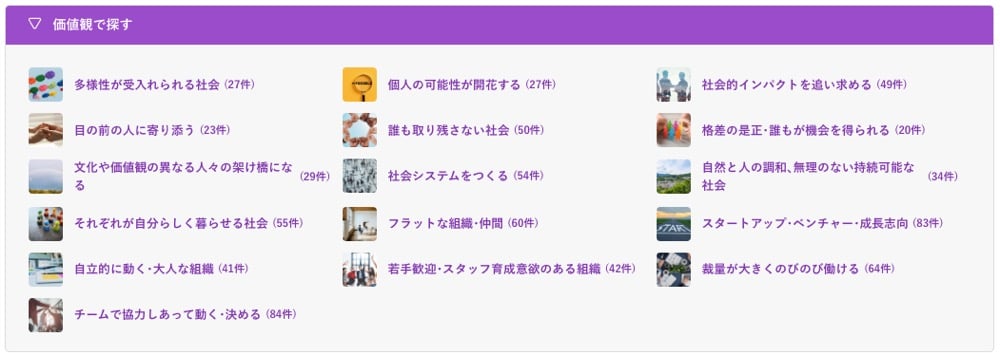 価値観で探す：
・多様性が受入れられる社会 (27件)
・個人の可能性が開花する (27件)
・社会的インパクトを追い求める (49件)
・目の前の人に寄り添う(23件)
・文化や価値観の異なる人々の架け橋になる(29件)
・社会システムをつくる (54件)
・誰も取り残さない社会 (50件)
・格差の是正・誰もが機会を得られる (20件)
・自然と人の調和、無理のない持続可能な社会(34件)
・それぞれが自分らしく暮らせる社会 (55件)
・フラットな組織･仲間 (60件)
・自立的に動く・大人な組織 (41件)
・チームで協力しあって動く・決める (84件)
・スタートアップ・ベンチャー・成長志向 (83件)
・若手歓迎スタッフ育成意欲のある組織 (42件)
・裁量が大きくのびのび働ける (64件)