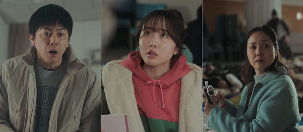 画像：防災啓発キャンペーン動画「#推し活防災」の1シーン。左から、西村真二 さん （コットン）、本田望結さん、忍足亜希子さん。