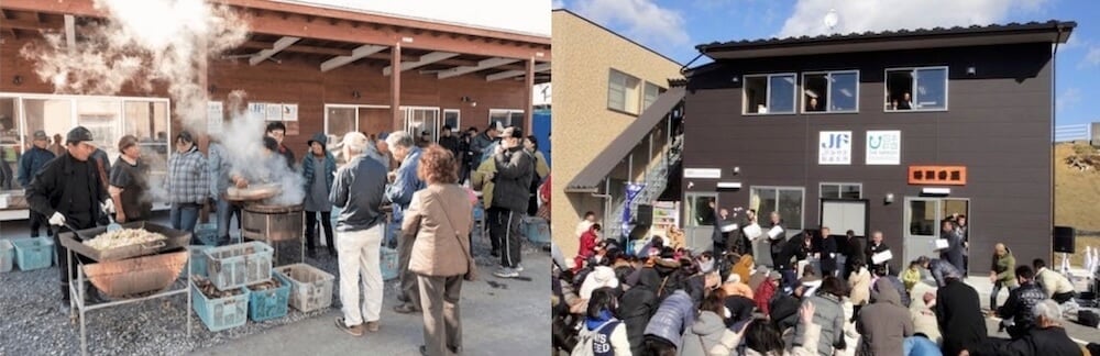 左：長面浦番屋（宮城県石巻市）で地域住民に海産物を振る舞う漁業関係者
右：日本財団の番屋再生事業で完成した鳴瀬番屋（宮城県東松島市）