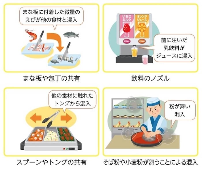 ・まな板や包丁の共有
まな板に付着した微量のえびが他の食材と混入

・飲料のノズル
前に注いだ乳飲料がジュースに混入

・スプーンやトングの共有
他の食材に触れたトングから混入

・そば粉や小麦粉が舞うことによる混入
粉が舞い、混入