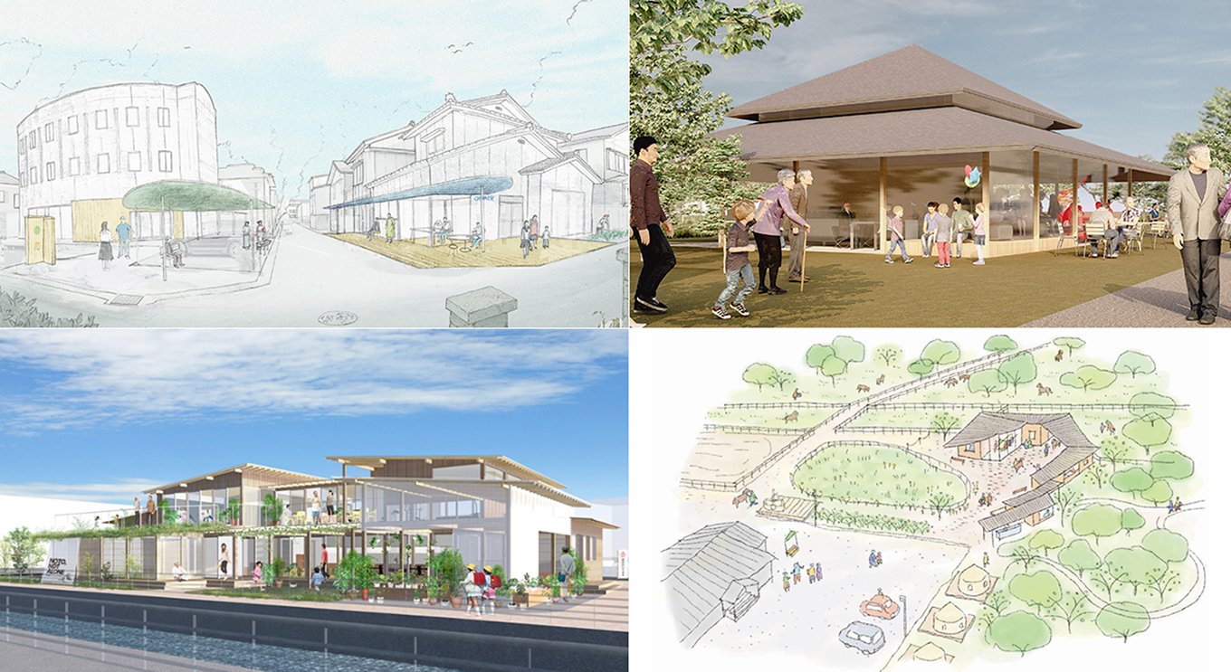 画像：「みんなの憩いの場」プロジェクトの施設イメージイラスト。画像左上より、コミュニティBASEうるしはら（仮称）、鵜川みんなの番屋(仮称)。画像左下より、宇出津コミュニティセンター（仮称）、鉢ヶ崎みんなの憩いの場（仮称）。