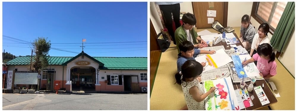 写真左:谷村町駅
写真右:駅舎の中にある部屋で絵を描くのを楽しむ子どもたち