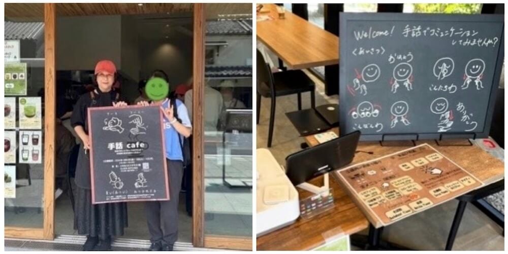 写真左:手話カフェの看板を持つ大人と子どものスタッフ
写真右:店内のテーブルの上に置かれた手話が描かれたコミュニケーションボード