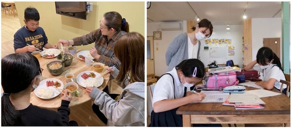 写真左:一緒にご飯を食べる子どもとスタッフ
写真右:宿題に取り組む子どもと見守るスタッフ