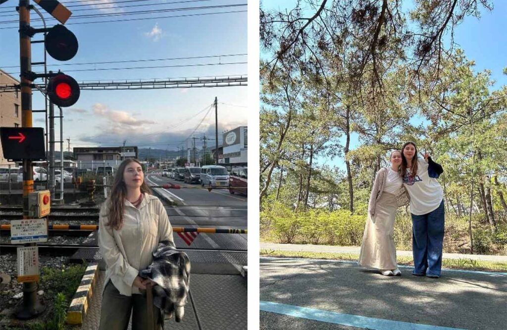 画像左：友人と公園にいるカティアさん、画像右：踏切の前に立つカティアさん