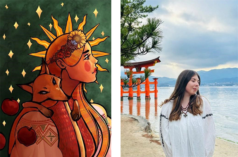 画像左：カティアさんの描いたイラスト、画像右：広島の厳島神社でのカティアさん