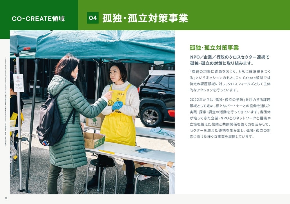 「CO-CREATE領域04孤独・孤立対策事業」のページ。NPO/企業/行政のクロスセクター連携で孤独・孤立の対策に取り組む様子が写真と共に紹介されています。2022年からは「孤独・孤立の予防」に注力する課題領域として、様々なパートナーとの協働を通じた実践・調査・啓発活動を行っていることが説明されている。