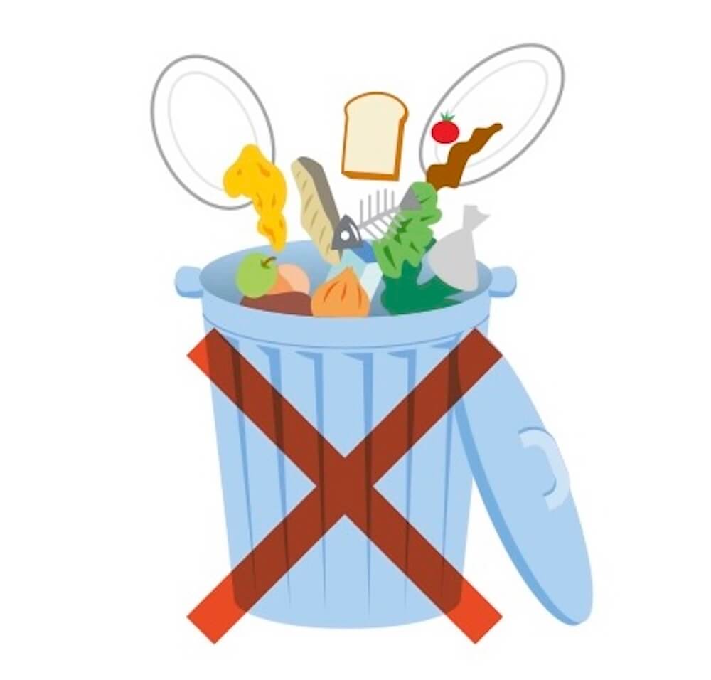 イラスト：
ごみ箱に頭った食事を捨てる、NG例