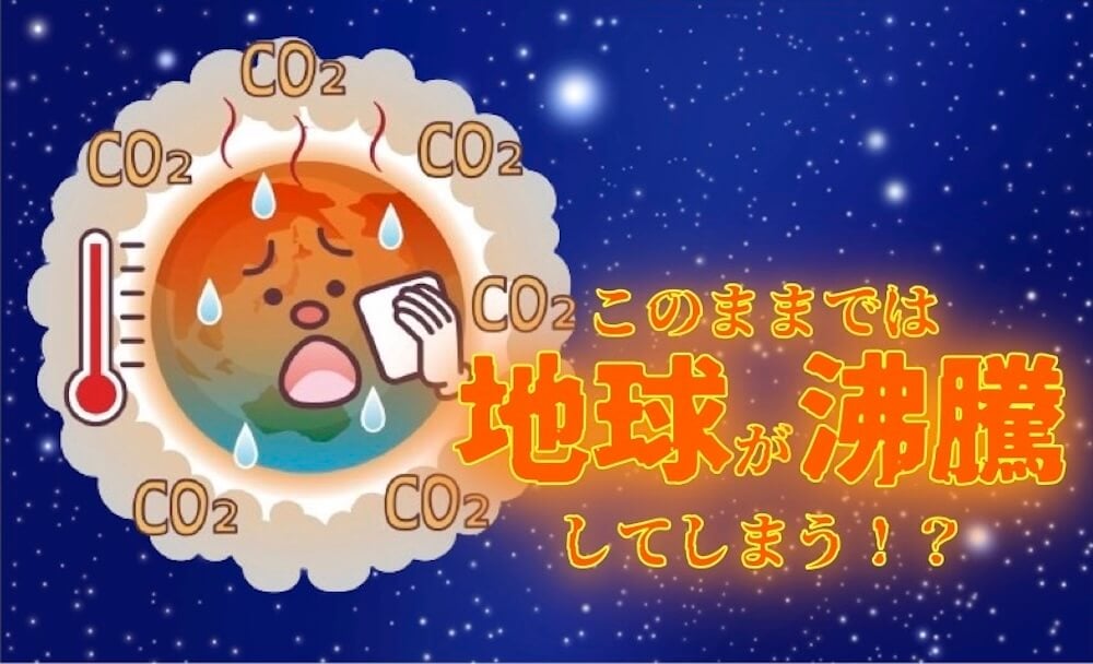 イラスト：二酸化炭素の増加により、気温が上がり苦しむ地球
