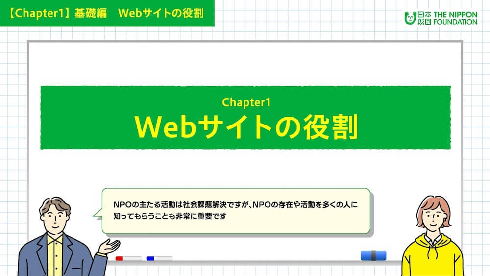 イラスト：「Webサイトの役割」について案内する男女キャラクター