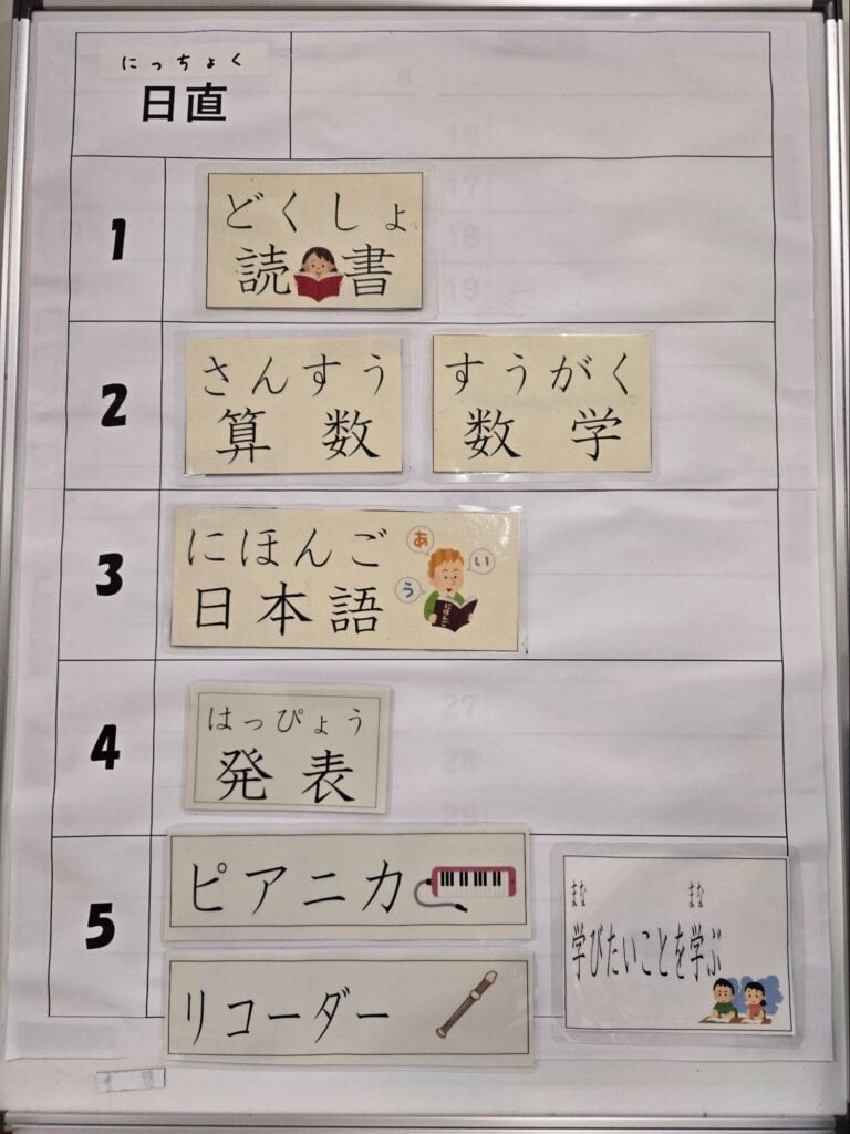 ある1日の時間割。
1時間目：読書
2時間目：算数・数学
3時間目：日本語
4時間目：発表
5時間目：ピアニカ・リコーダー・学びたいことを学ぶ