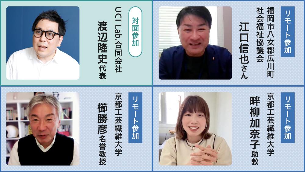 インタビューへの参加方法と、それぞれのプロフィールが記載されている表。

対面参加：
UCI Lab.合同会社 
渡辺隆史代表

リモート参加：
京都工芸繊維大学
櫛勝彦教授

リモート参加：
京都工芸繊維大学
畔柳加奈子助教

リモート参加：
福岡市八女郡広川町
社会福祉協議会
江口信也さん

