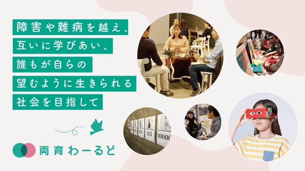 両育わーるどのビジョンを表現したインフォグラフィック。『障害や難病を越え、互いに学びあい、誰もが自らの望むように生きられる社会を目指して』というメッセージと共に、車椅子利用者との対話シーン、本棚での読書、VRゴーグルを使用する子どもなど、多様な人々の活動を円形の写真で配置