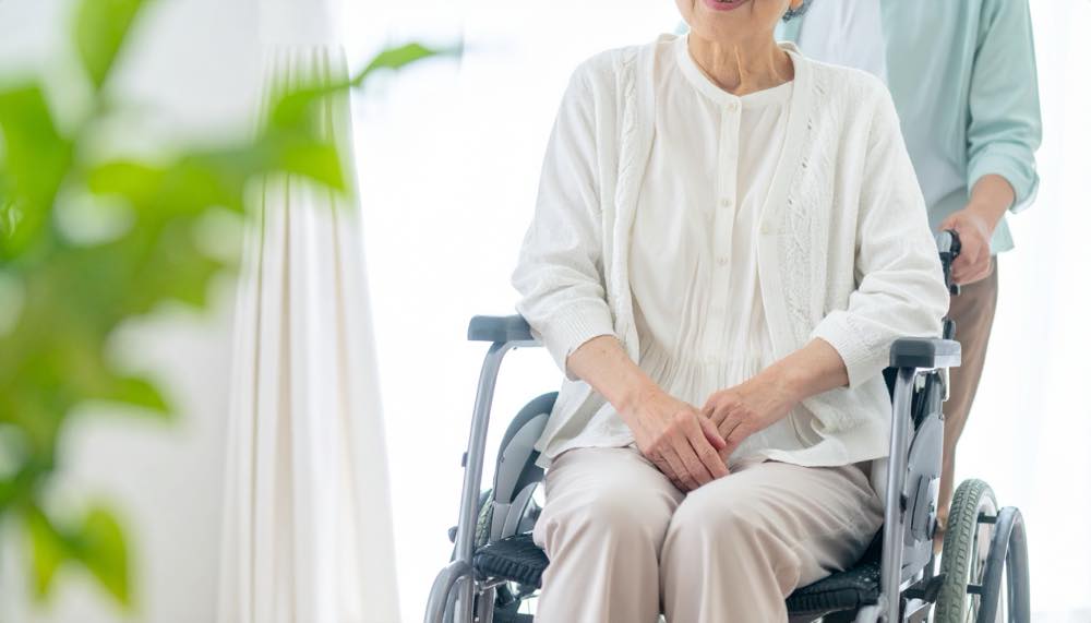高齢女性が車椅子を押してもらっている様子