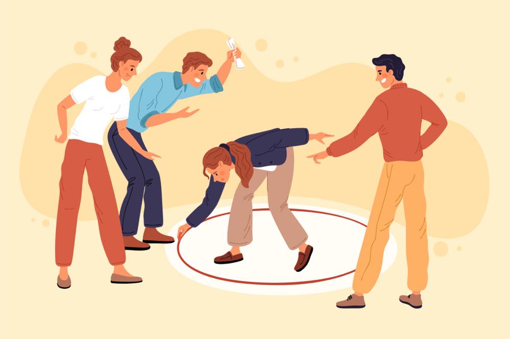 床に円を描き、その中に立つ女性。女性の周囲では、3人の男女がその円を越えようとする様子が描かれている。個人の境界線やバウンダリーを表現したイラスト。