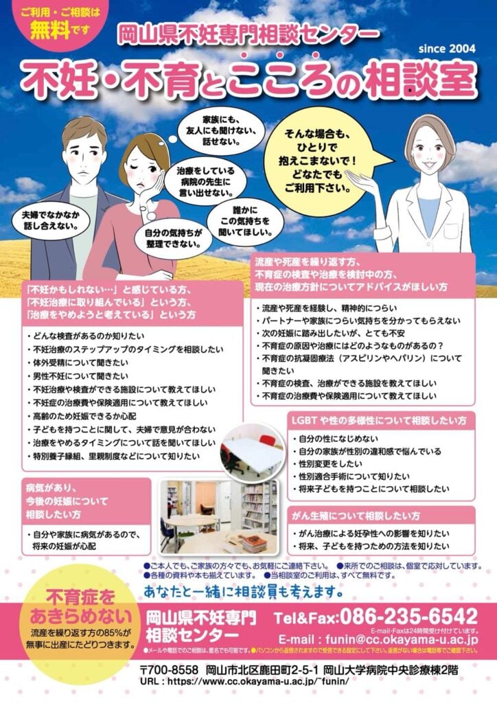 岡山県不妊専門相談センターの案内チラシ。不妊・不育治療や心の悩み、流産・死産に関する相談、治療の選択肢、LGBTの方の妊娠・出産など、幅広いテーマで無料相談が可能であることを告知。夫婦の会話の難しさや、病院で医師に言いにくい気持ちなども相談できるイメージイラストが掲載されている。