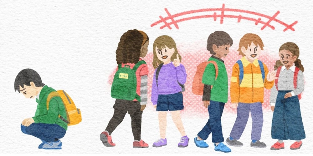 イメージ:
左端に孤独を感じる日本の子ども
右に社交性の高い外国人の子どもたち