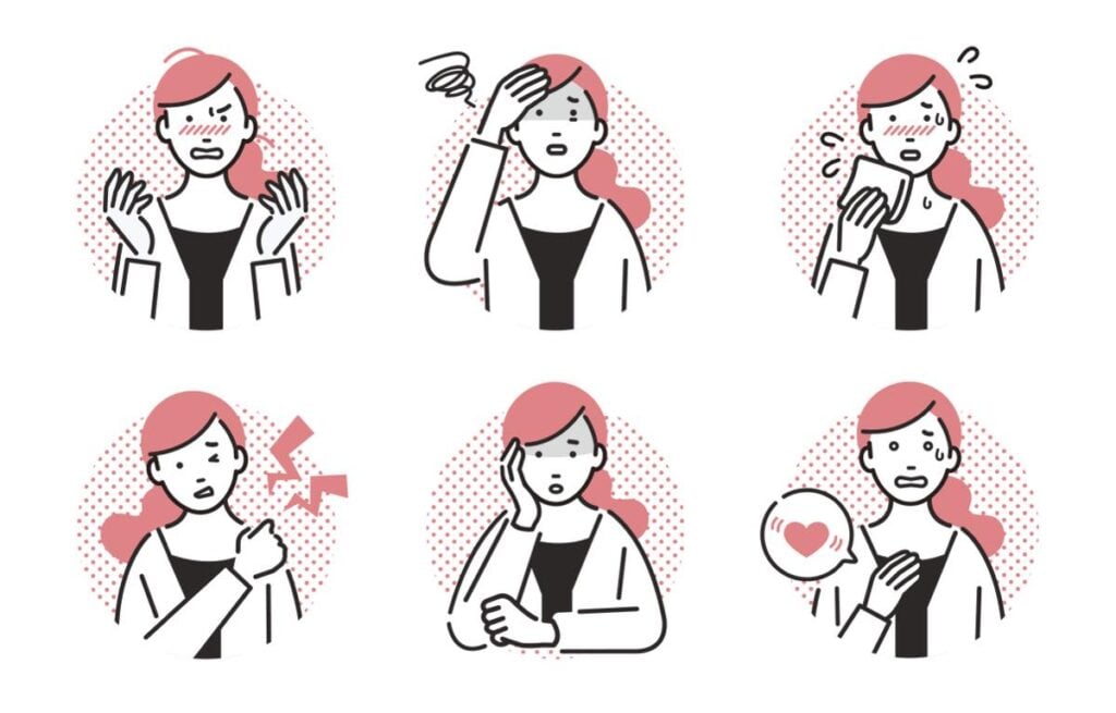 女性の更年期症状を象徴する6つのアイコン風イラスト