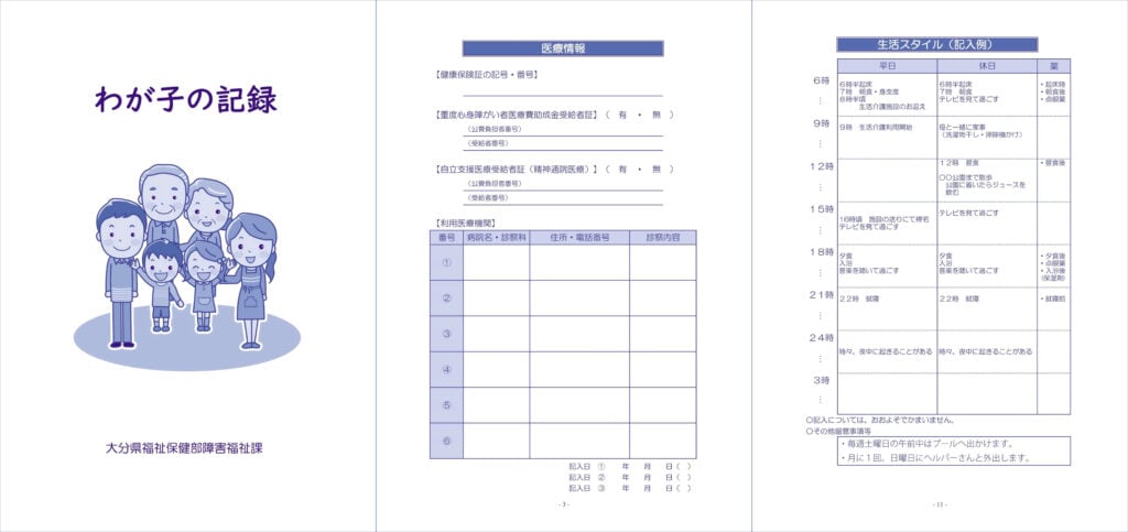 冊子「わが子の記録」の紙面見本。左には表紙。中央には医療情報（保険証、受給者証、利用医療機関）のページ。右には生活スタイル（平日と休日の起床から就寝までの1日の流れが1時間ごとに細かく記載できる）がある。